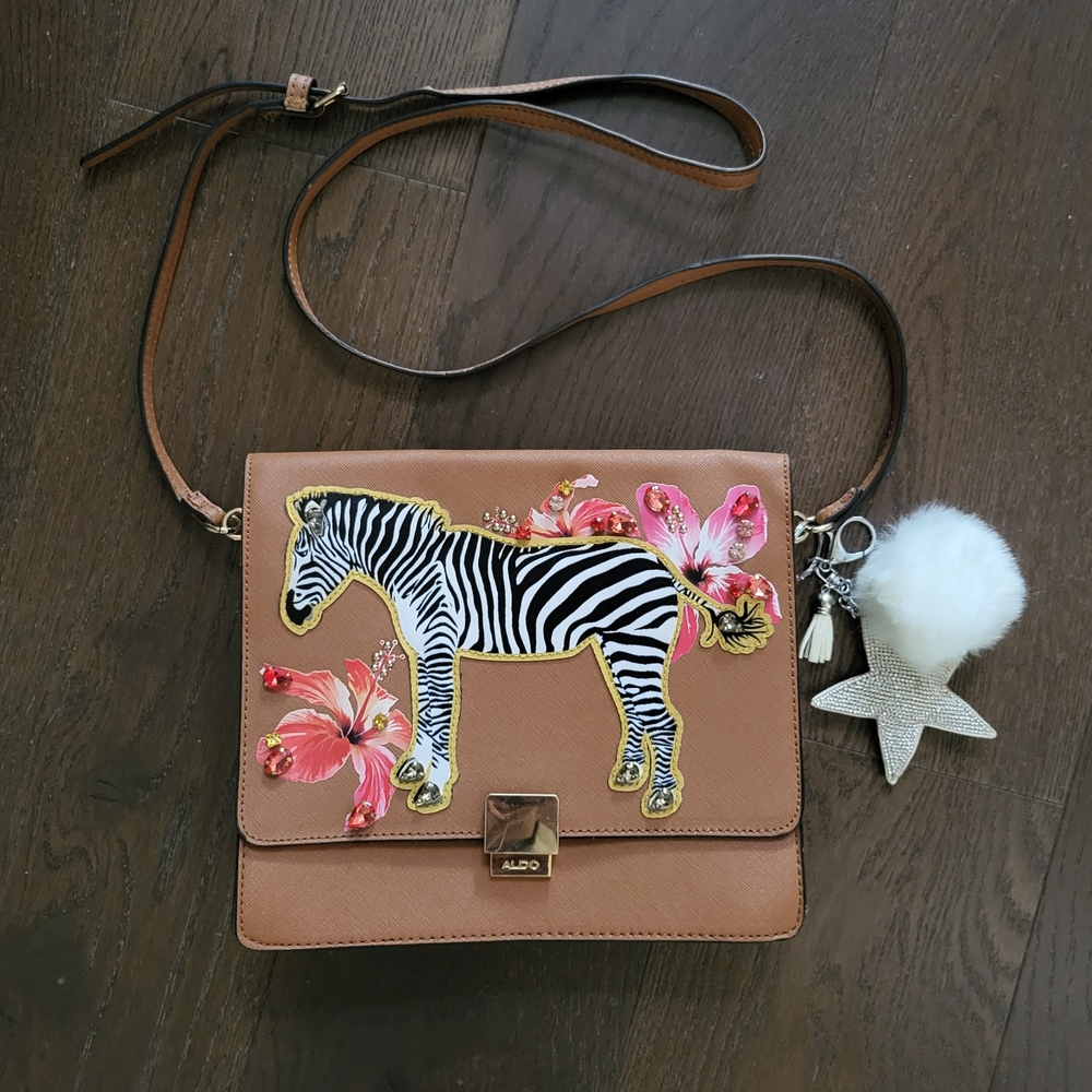 Zebra Floral And Gemstones Crossbody Bag *will include key chain